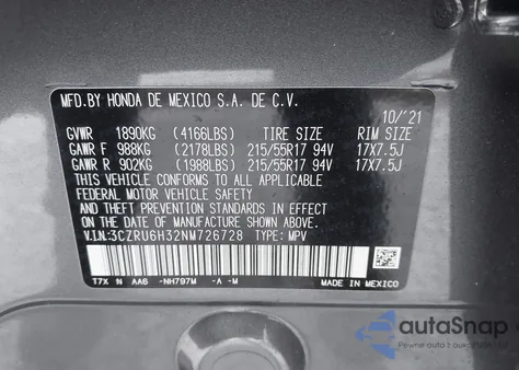 2022 Honda Hr-V Awd Lx z USA, uszkodzony, nr VIN 3CZRU6H32NM726728